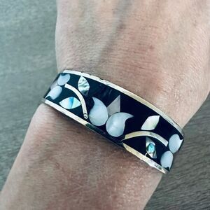 Mexican Alpaca Silver Abalone Onyx Floral Cuff Bracelet